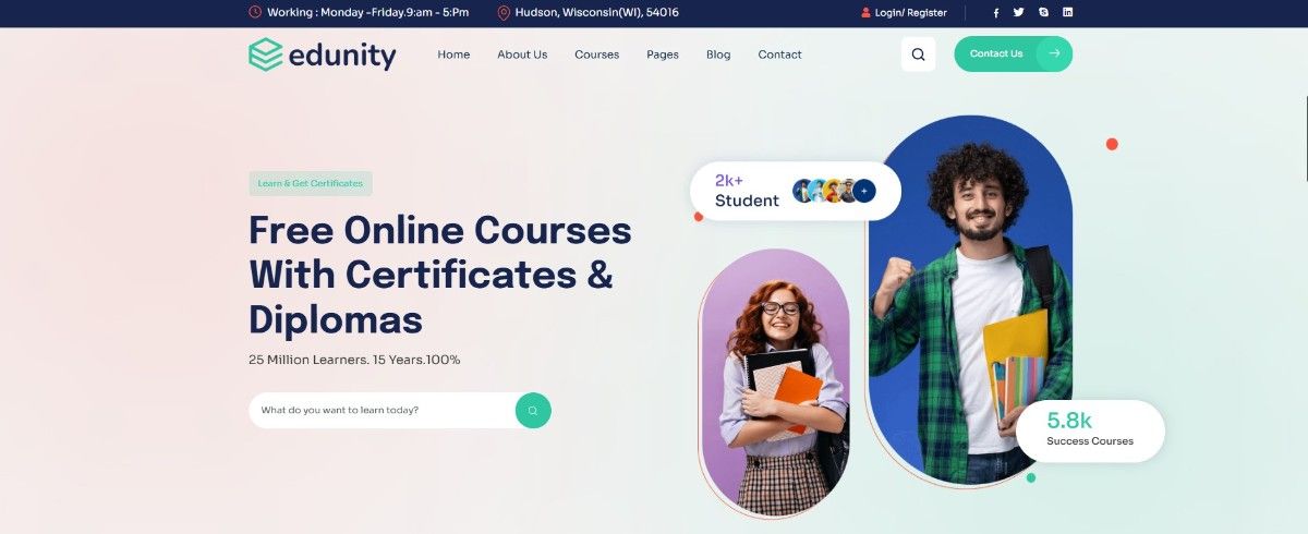 Edunity online courses website templates with clean design for educational and training websites