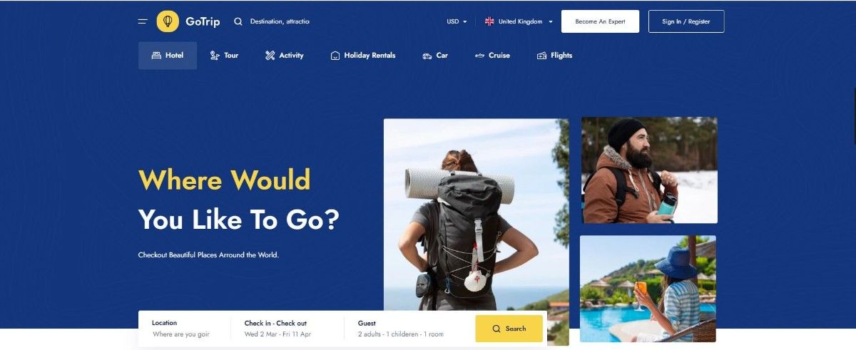 GoTrip travel agency website template for travel and tour booking websites