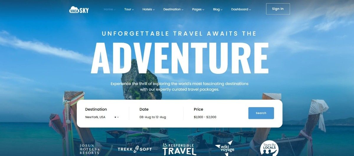 Vacasky travel agency website template with responsive design and SEO features