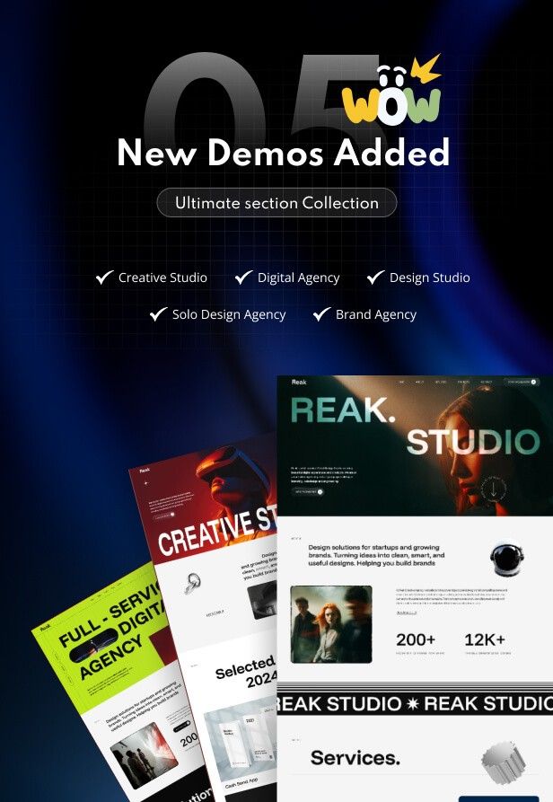 Reak Creative Agency WordPress Theme homepage design showcasing a modern layout for creative agencies, startups, designers, and digital businesses