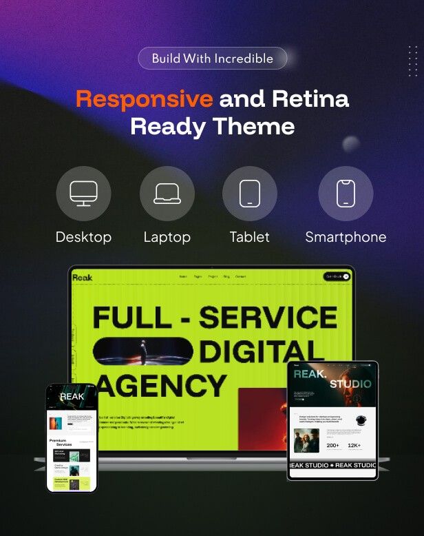 Reak Creative Agency WordPress Theme homepage design showcasing a modern layout for creative agencies, startups, designers, and digital businesses