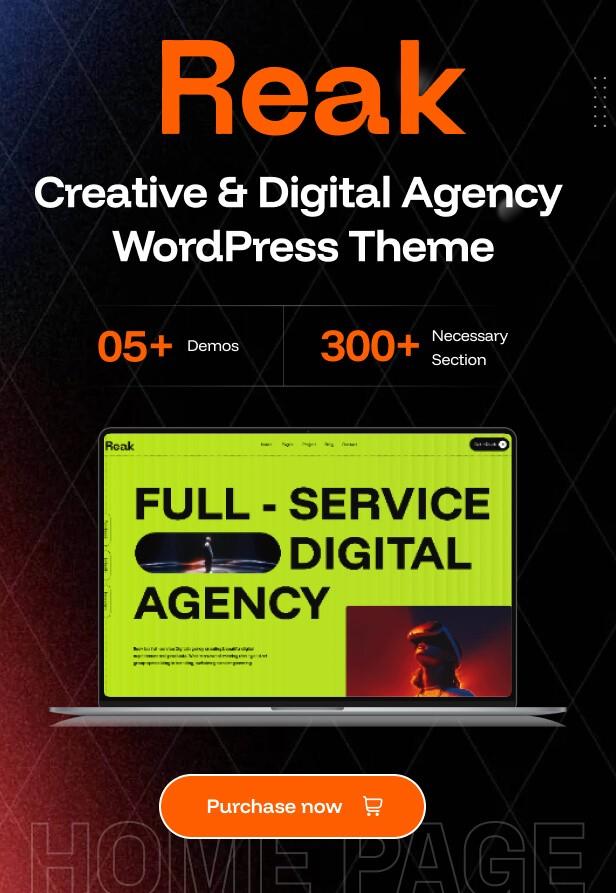 Reak Creative Agency WordPress Theme homepage design showcasing a modern layout for creative agencies, startups, designers, and digital businesses